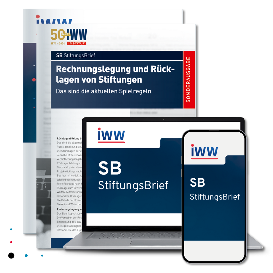 SB StiftungsBrief mit Sonderausgabe Rechnungslegung und Rücklagen von Stiftungen als gedrucktes Heft, am Laptop und auf dem Smartphone